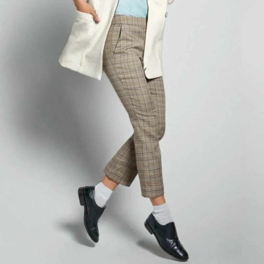 CAbi Tribute Khaki Blue Plaid Cropped Kick Flare Trousers Size 8